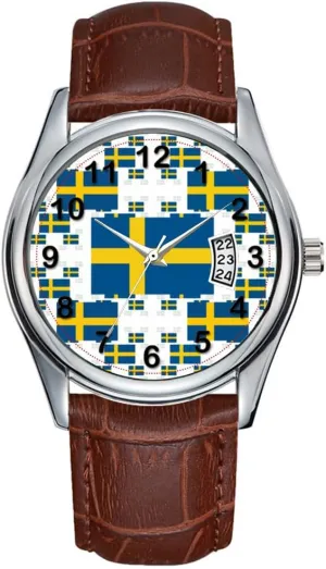 Brown Leather Christmas Wristwatch Sweden Flag in Multiple precede airplane mislead Layers 2 Watches Men Watch Casual Waterproof Quartz Watches Clock Date Classic Business 