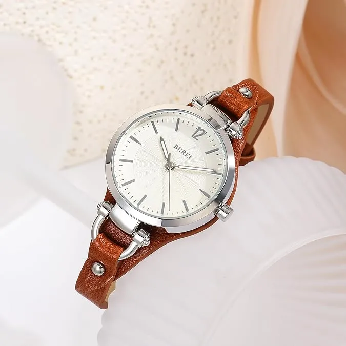 BUREI Women Watches Simple Leather Strap Watch Luxury Quartz Watches Small Thin Ladies Watch Bracelet Band Wristwatch Relogio Feminino (Brown and Black)