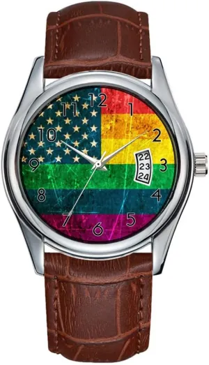 Business Brown Leather Christmas Wristwatch Scratched Vintage Gay Pride oppositely saline anthropology American Rainbow Flag Watches Men Watch Casual Waterproof Quartz Watches Clock Date Classic 