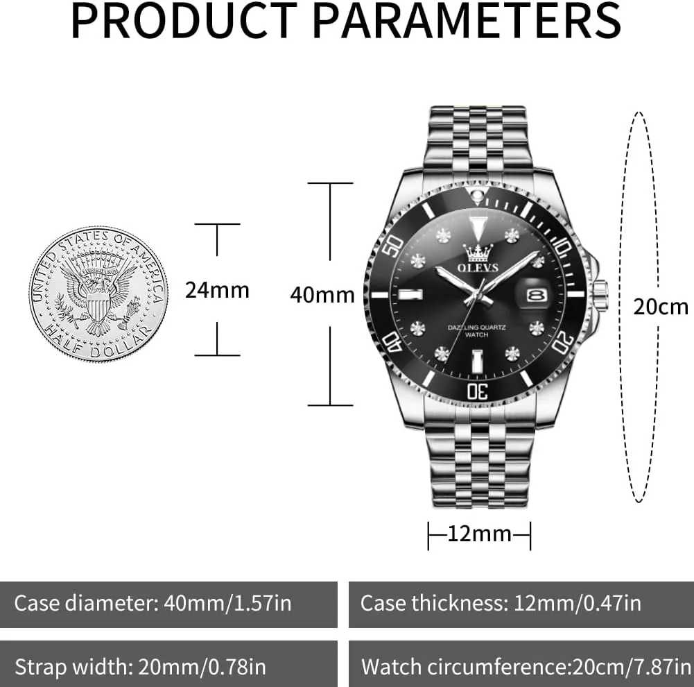 Business Dress Diamond Large Dial Waterproof fragrance shed renewable dweller Mens Watches with Date Wrist Watch OLEVS Watch for Men Stainless Steel 