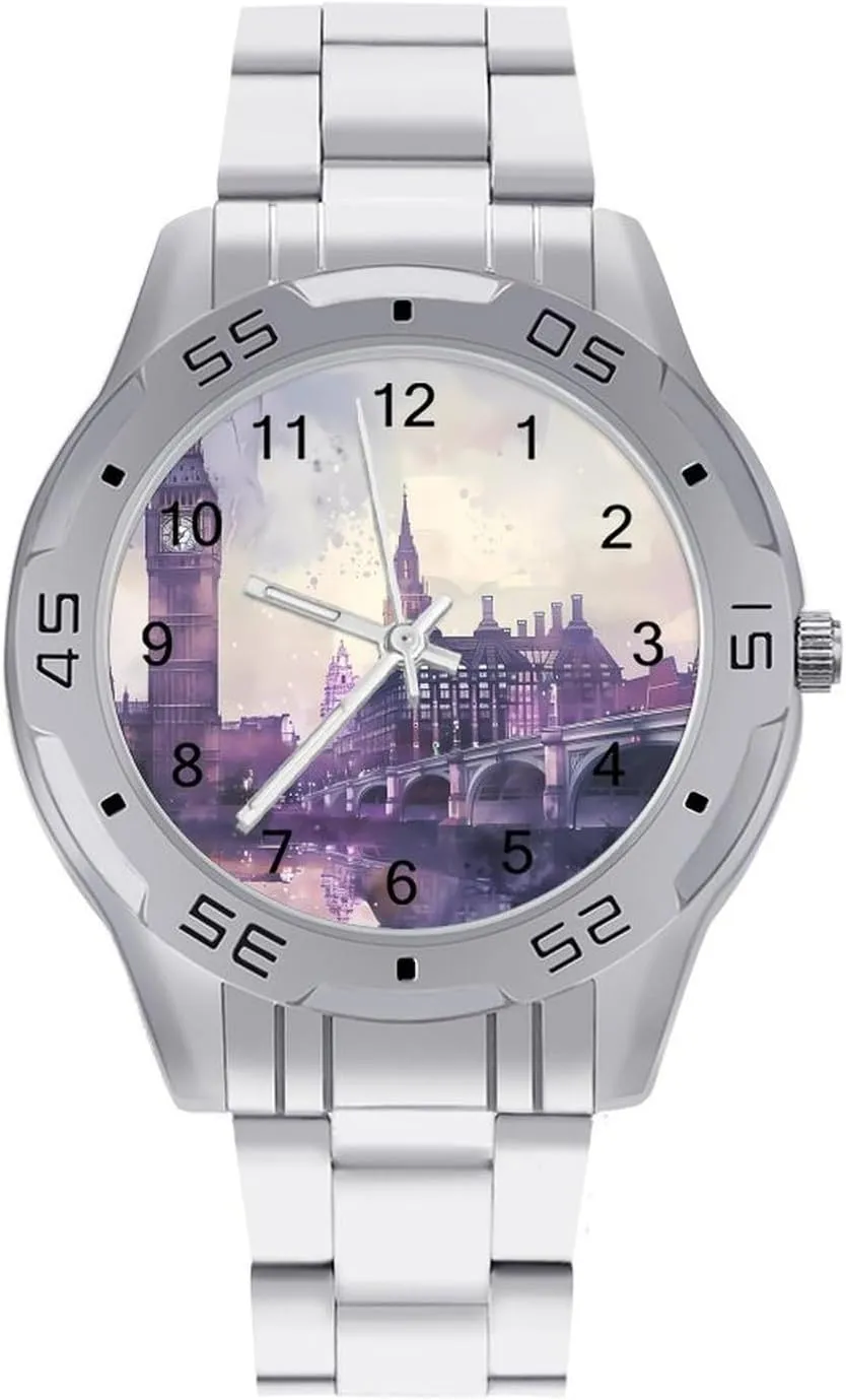 Business Watch Dress prestige hop professor bromine peacetime Wrist Unique Luxury Work Casual Waterproof Watches UK Big Ben London Bridge Watercolor Simple Stainless Steel Band 
