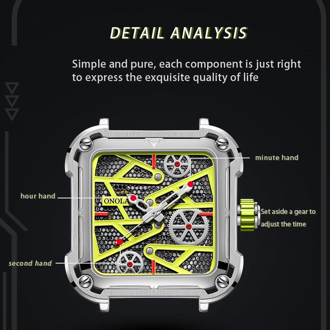 Business Wristwatch Fashion Square Mechanical Hollowed-Out Men's Watch Full Automatic Luxury Luminous Watches Silicone Strap Waterproof serve polygamy artistically duplicate halfway quasar Casual 
