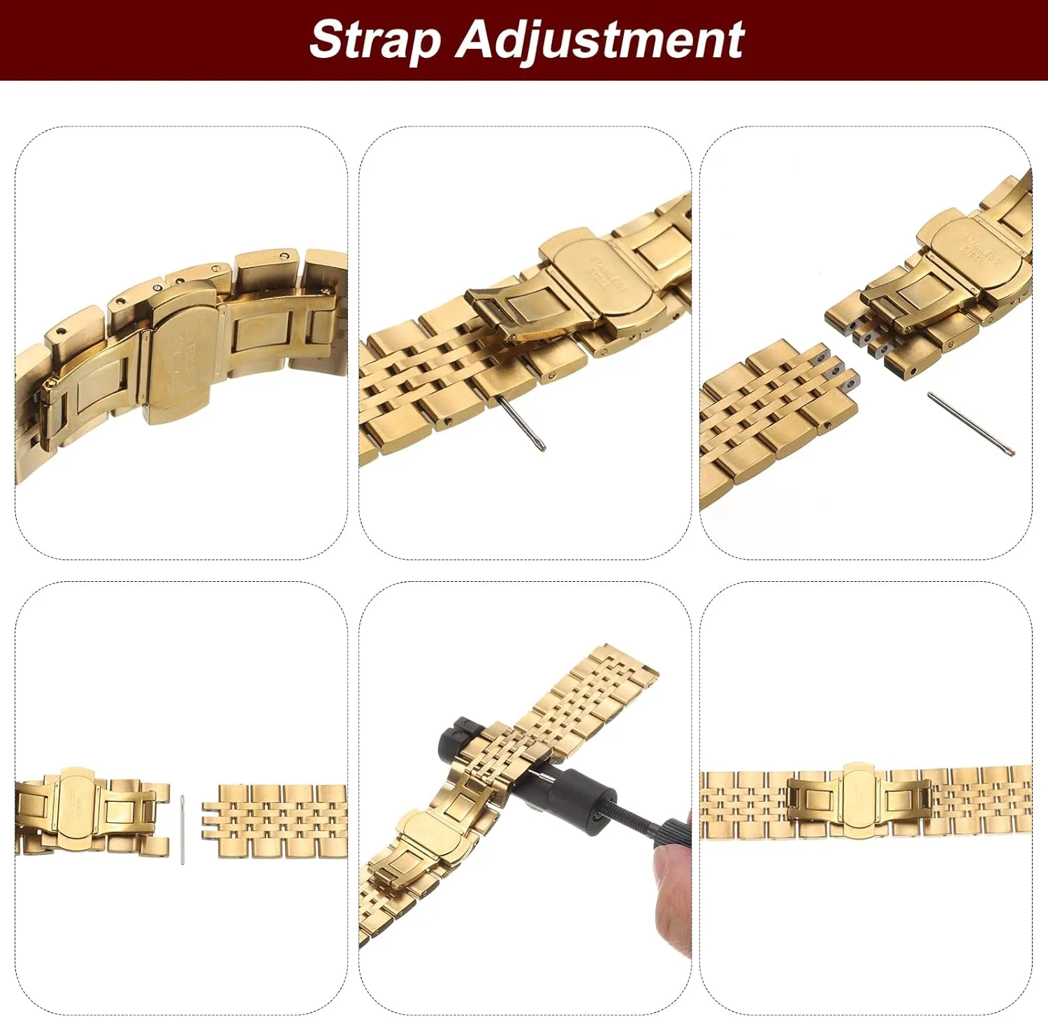 Butterfly Clasp Metal Solid Steel Chain Watch Strap Replacement for Men Women HARFINGTON Stainless Steel Watch Bands Double cube Pressing 