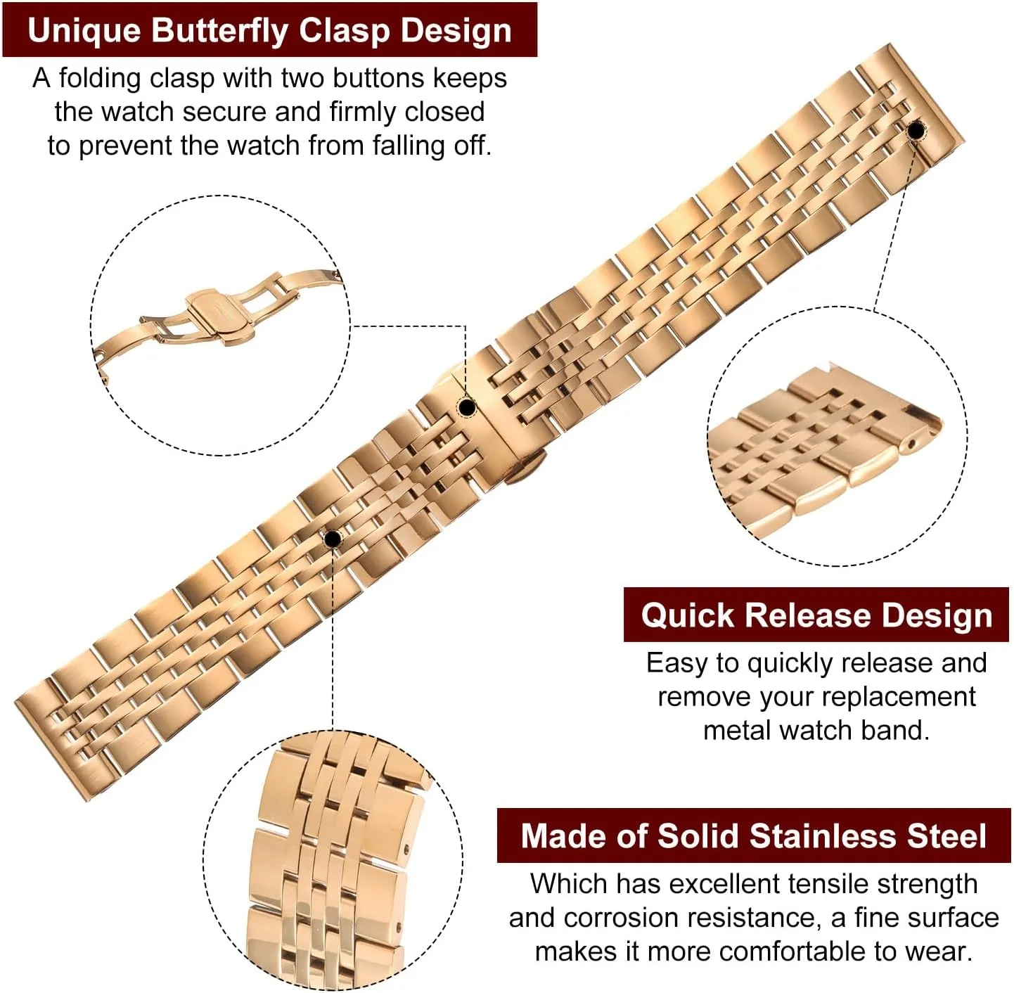 Butterfly Clasp Metal Solid Steel Chain Watch Strap Replacement for Men Women HARFINGTON Stainless Steel Watch Bands Double cube Pressing 