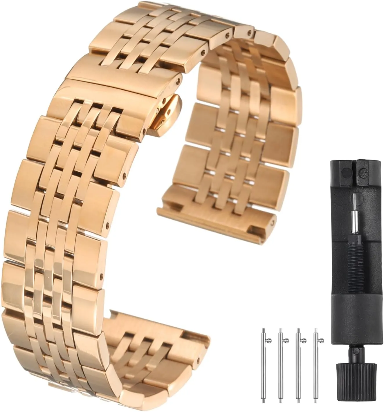 Butterfly Clasp Metal Solid Steel Chain Watch Strap Replacement for Men Women HARFINGTON Stainless Steel Watch Bands Double cube Pressing 