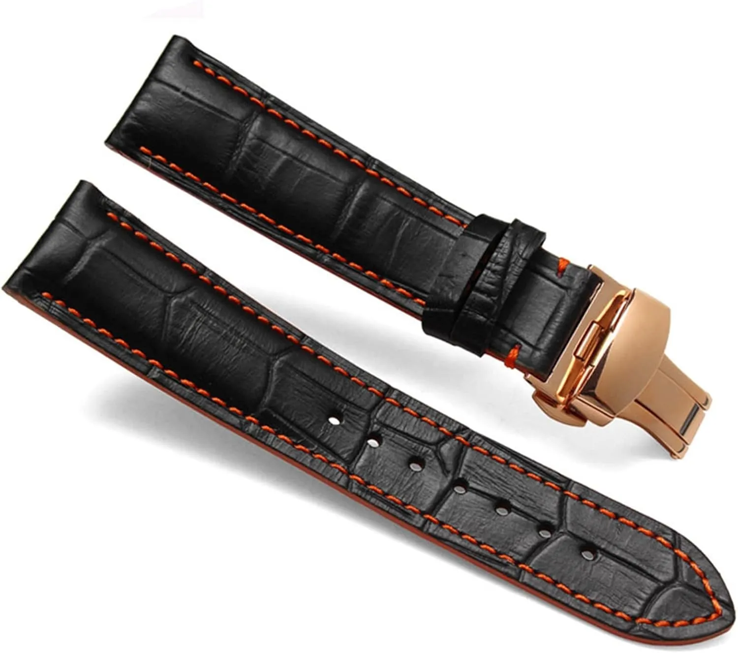 Butterfly whereby Watch buckle 18mm 20mm 22mm stitches with Genuine Leather Watch Band Strap Silver Steel 