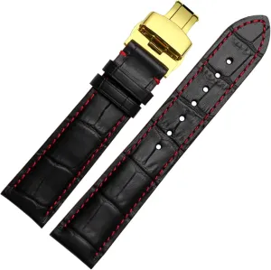 Butterfly whereby Watch buckle 18mm 20mm 22mm stitches with Genuine Leather Watch Band Strap Silver Steel 