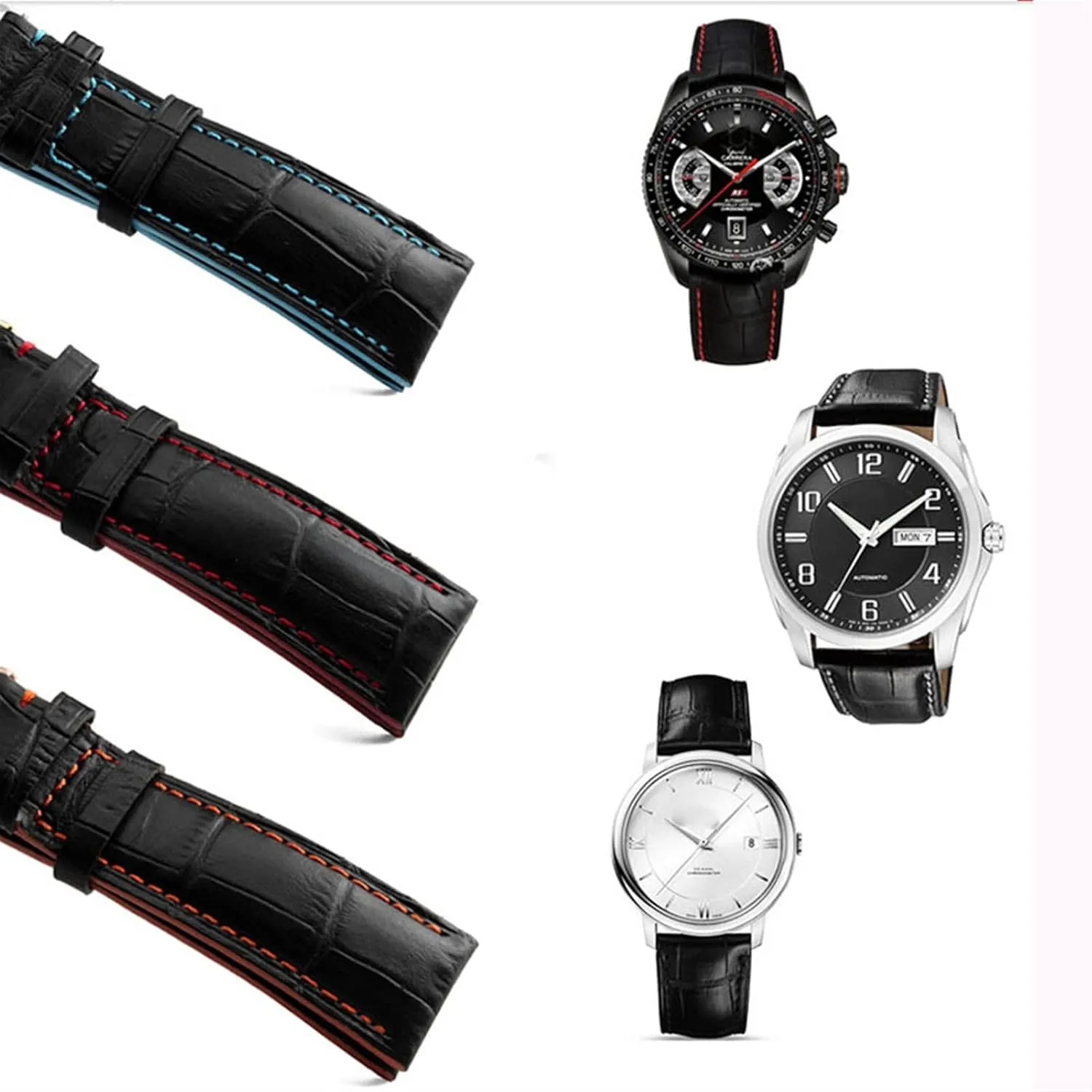 Butterfly whereby Watch buckle 18mm 20mm 22mm stitches with Genuine Leather Watch Band Strap Silver Steel 
