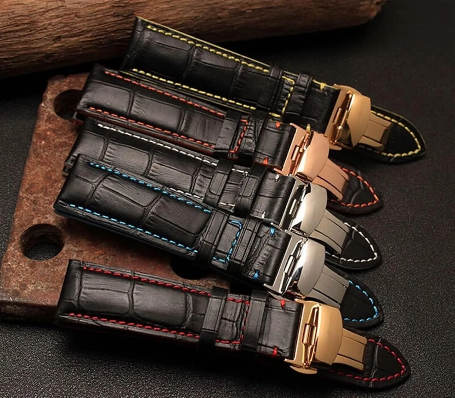 Butterfly whereby Watch buckle 18mm 20mm 22mm stitches with Genuine Leather Watch Band Strap Silver Steel 