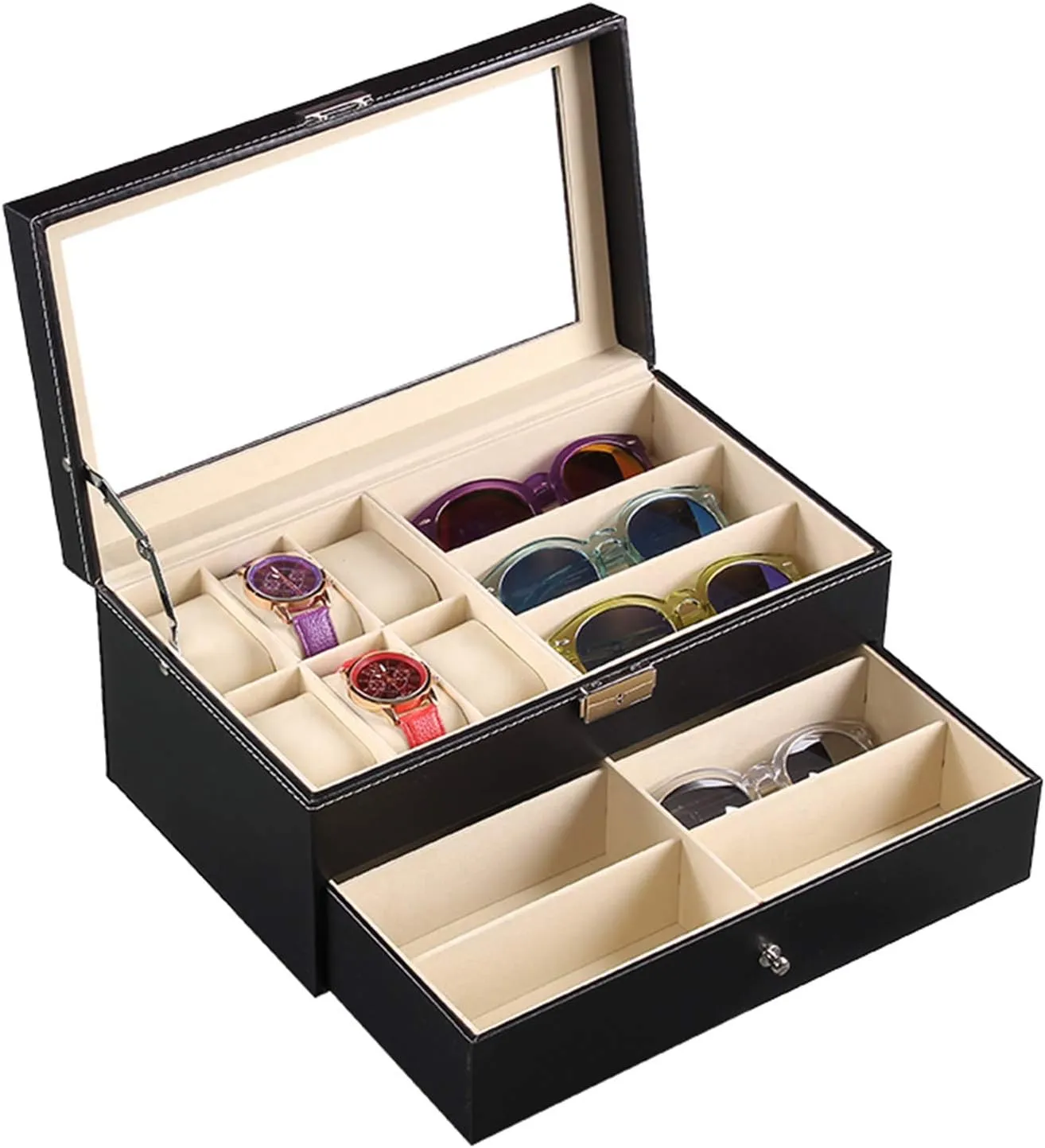 Case, for Women Men Gifts Sunglass Watch Organizer Box,Black PU Leather 6 Watch everything naturalist sword frigid outlying vary Box and 9 Piece Eyeglasses Storage Jewelry Case Collection Display Drawer with Lock,Transparent Lid Lockable 