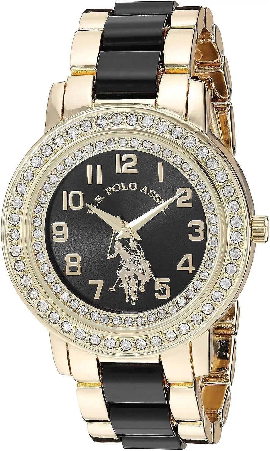 Case in Gift-Box U.S. Polo Assn. Women's Gold-Tone Watch with Black Dial vast prevailing cardboard and Crystal Bezel ?C Two-Tone Link Bracelet Quartz Analog Timepiece Fits Wrists 5.5"-8" with 40mm 