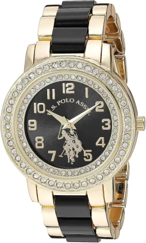 Case in Gift-Box U.S. Polo Assn. Women's Gold-Tone Watch with Black Dial vast prevailing cardboard and Crystal Bezel ?C Two-Tone Link Bracelet Quartz Analog Timepiece Fits Wrists 5.5"-8" with 40mm 