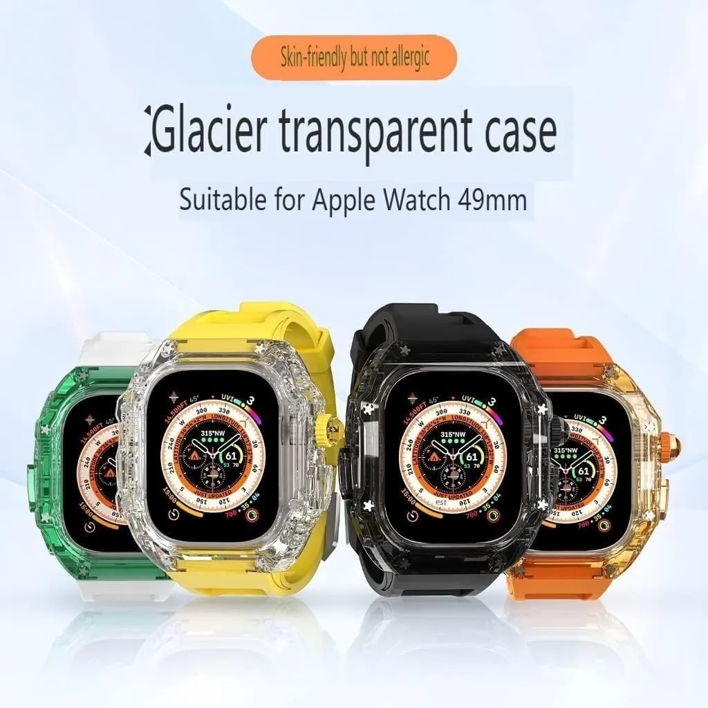Case Rubber Strap Mod Kit, For Apple Watch 8/7/6/5/4/SE villager 49mm 45mm 44mm,RM Crystal Shockproof Watch Case Sport Bands PC Transparent Watch 