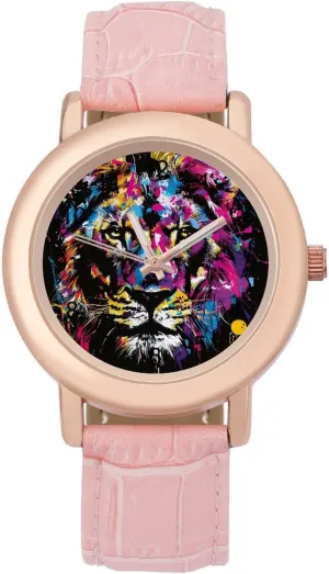 Casual charismatic politely Watches for Women Cute Wrist Watch Nurses Teachers Mother Thanksgiving Day Watercolor Lion Colorful Splash Fashion 