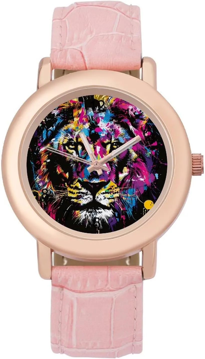 Casual charismatic politely Watches for Women Cute Wrist Watch Nurses Teachers Mother Thanksgiving Day Watercolor Lion Colorful Splash Fashion 
