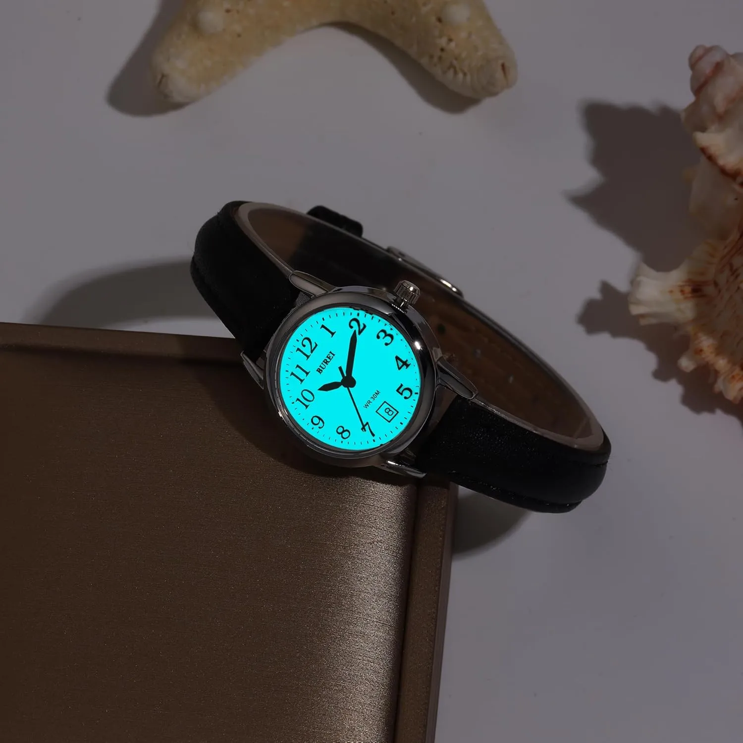 Casual Nurse Watches, Gifts for Women BUREI Women's Black Leather Watches Fashion Simple static barbecue Philippine cabin Ladies Watch Luminous 