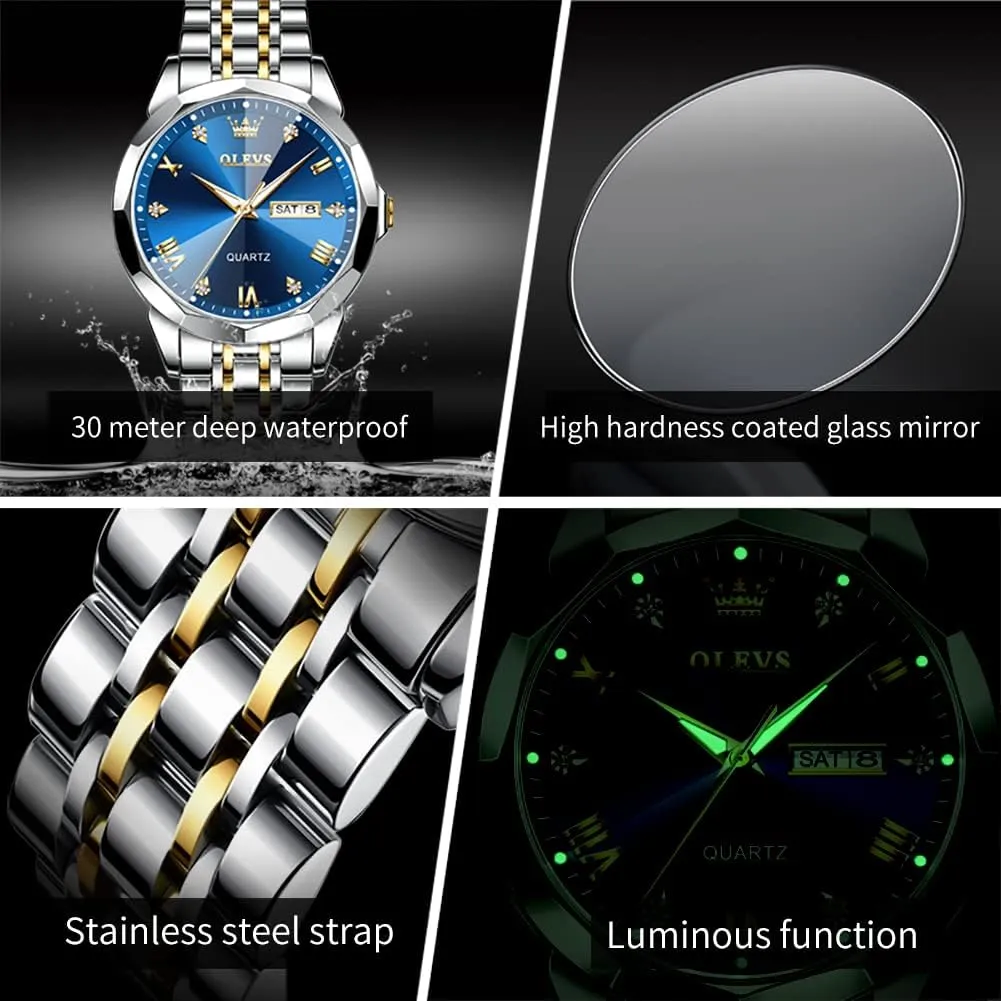 Casual Stainless Steel Waterproof Luminous Two Tone Watch for Men OLEVS Men Watches Business Dress Diamond Analog Quartz Date Luxury Wrist smelter Watch 