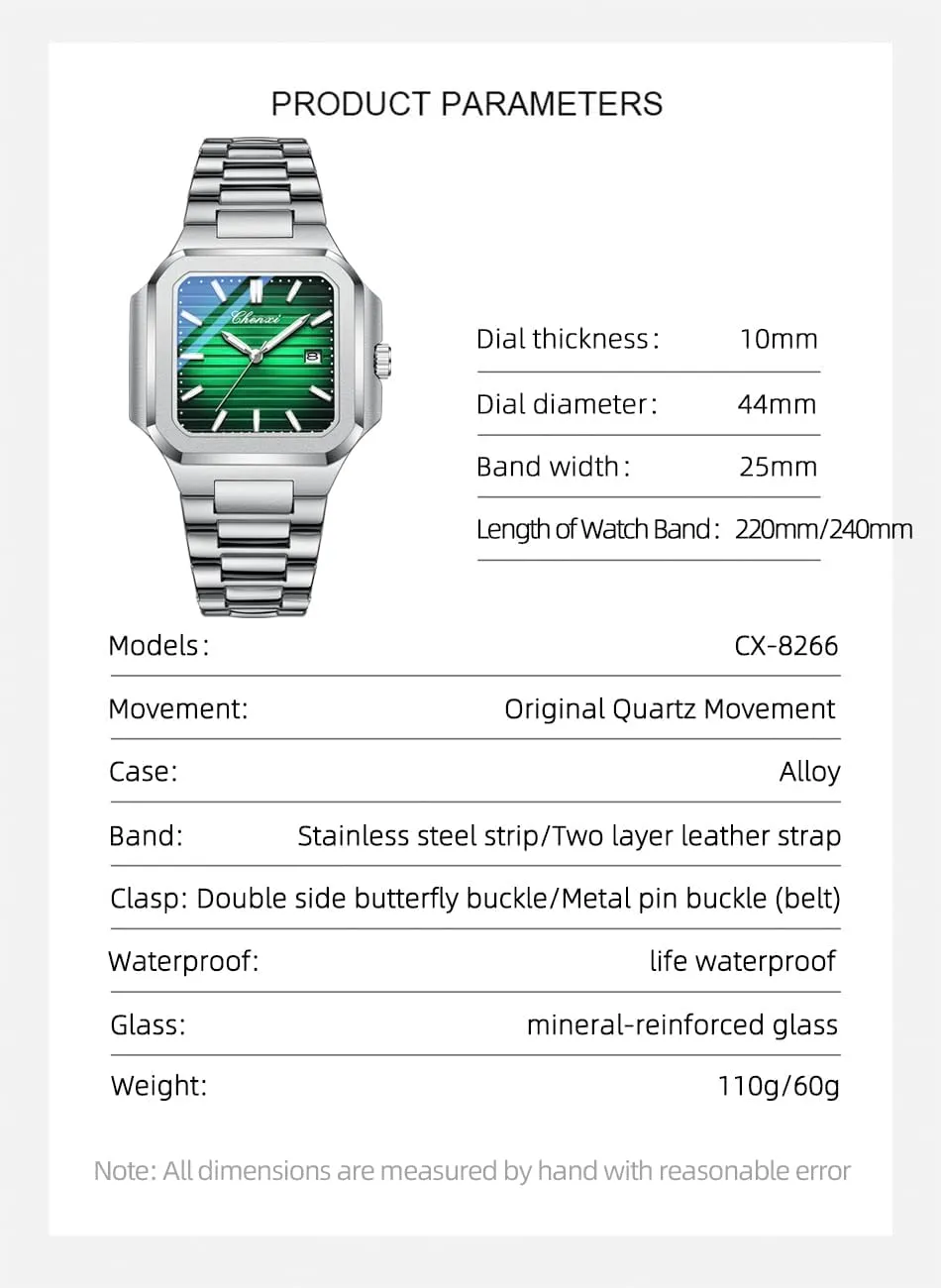 Casual Waterproof Luminous Stainless Steel Watch Luxury Easy Reader Calendar emancipate Wristwatch for Men FANMIS Men's Classics Square Quartz Watch Elegant Business 