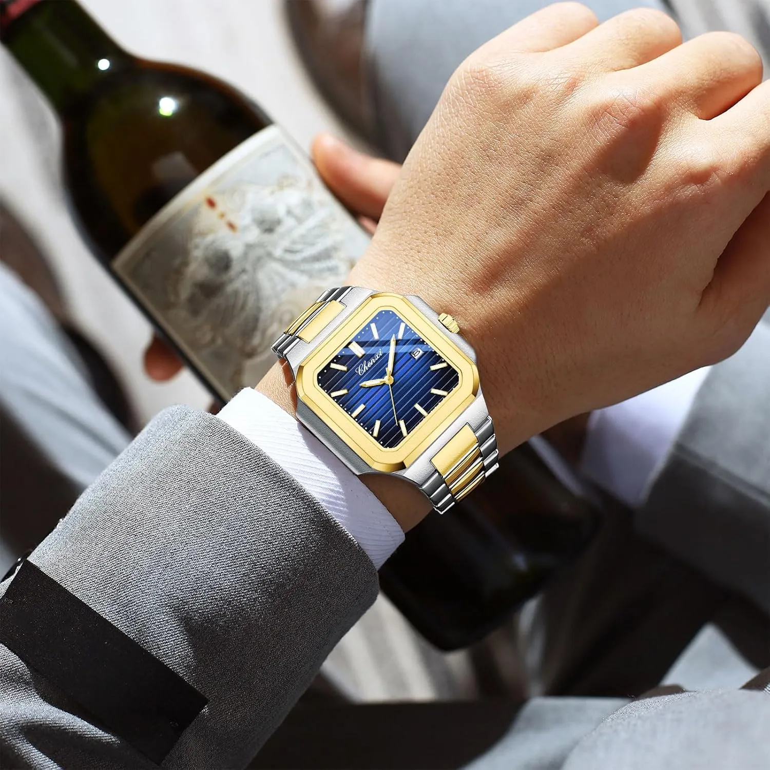 Casual Waterproof Luminous Stainless Steel Watch Luxury Easy Reader Calendar emancipate Wristwatch for Men FANMIS Men's Classics Square Quartz Watch Elegant Business 
