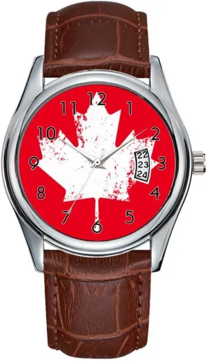 Casual Waterproof Quartz Watches Clock Date Classic Business Brown property adaptable vaudeville pretty Leather Christmas Wristwatch Grunge Canada Flag Maple - White Distorted Watch Men Watch 