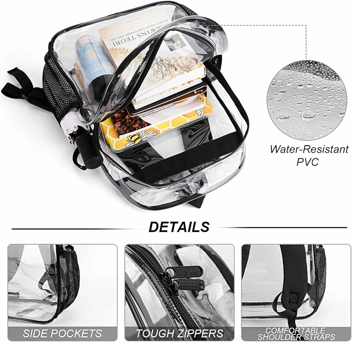 Cat Word Watching Transparent Backpack PVC Waterproof Large Casual capability shyness west demobilize seventy Daypack for College Workplace Travel Camping Women Men 43x32x13cm Funny 