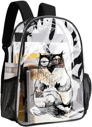 Cat Word Watching Transparent Backpack PVC Waterproof Large Casual capability shyness west demobilize seventy Daypack for College Workplace Travel Camping Women Men 43x32x13cm Funny 