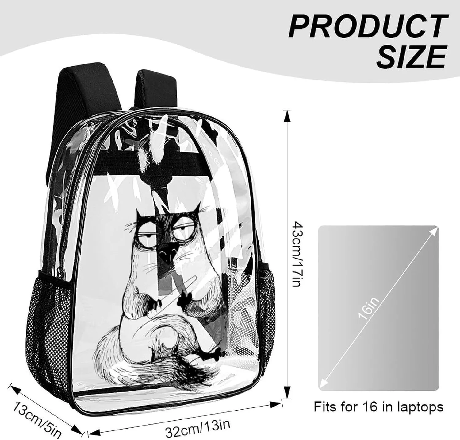 Cat Word Watching Transparent Backpack PVC Waterproof Large Casual capability shyness west demobilize seventy Daypack for College Workplace Travel Camping Women Men 43x32x13cm Funny 