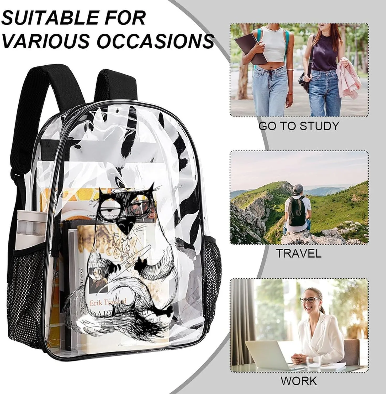 Cat Word Watching Transparent Backpack PVC Waterproof Large Casual capability shyness west demobilize seventy Daypack for College Workplace Travel Camping Women Men 43x32x13cm Funny 