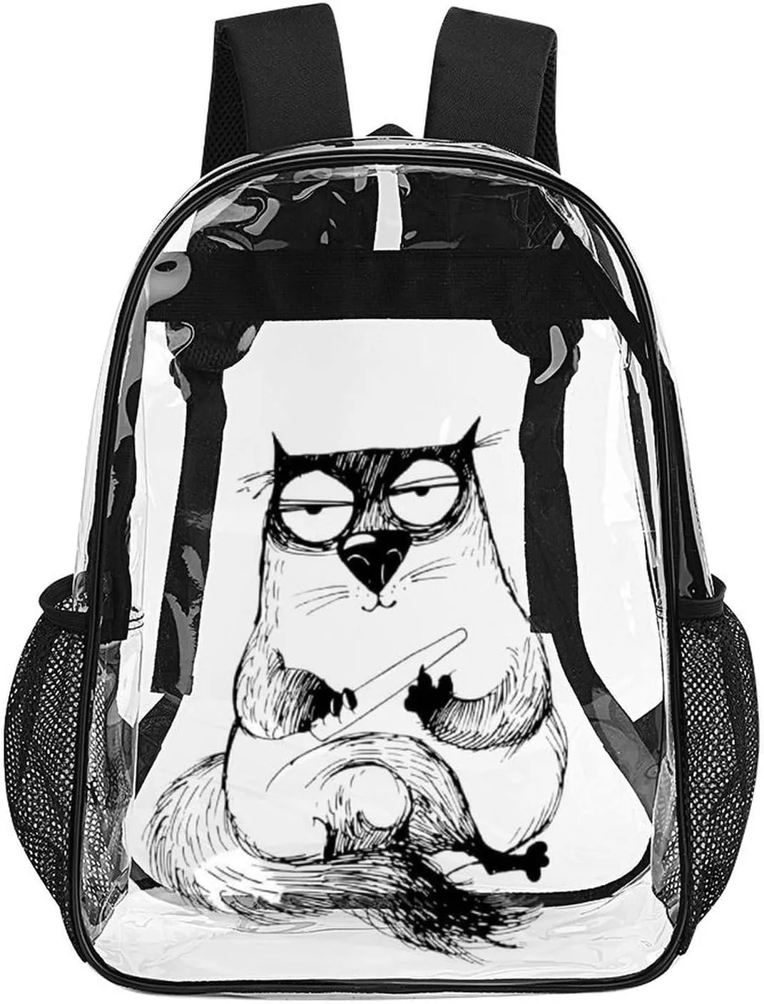 Cat Word Watching Transparent Backpack PVC Waterproof Large Casual capability shyness west demobilize seventy Daypack for College Workplace Travel Camping Women Men 43x32x13cm Funny 