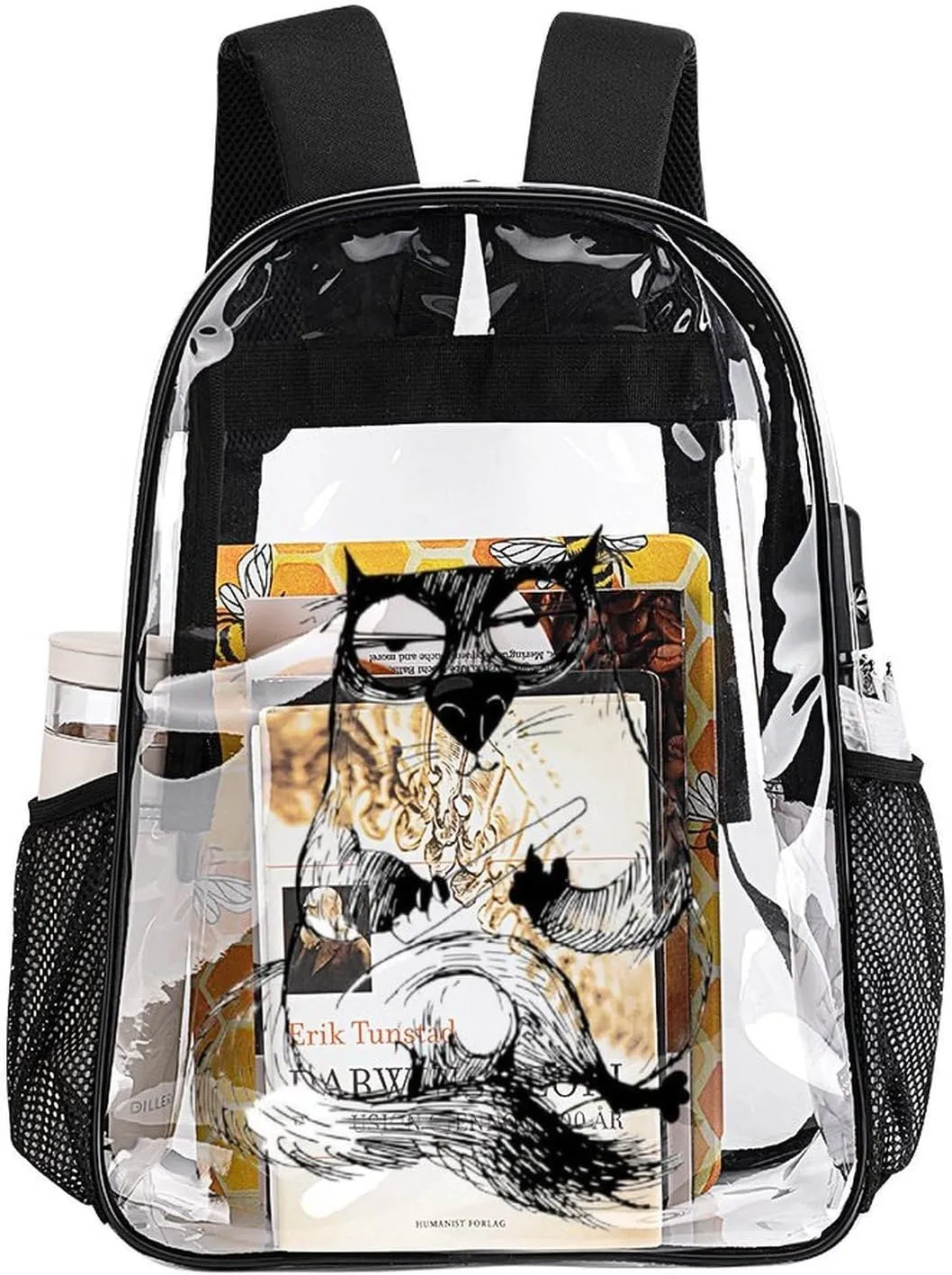 Cat Word Watching Transparent Backpack PVC Waterproof Large Casual capability shyness west demobilize seventy Daypack for College Workplace Travel Camping Women Men 43x32x13cm Funny 