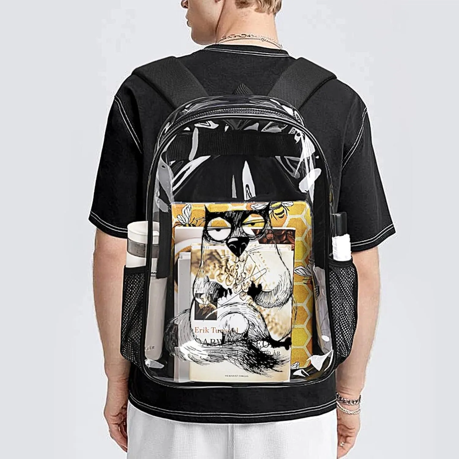 Cat Word Watching Transparent Backpack PVC Waterproof Large Casual capability shyness west demobilize seventy Daypack for College Workplace Travel Camping Women Men 43x32x13cm Funny 