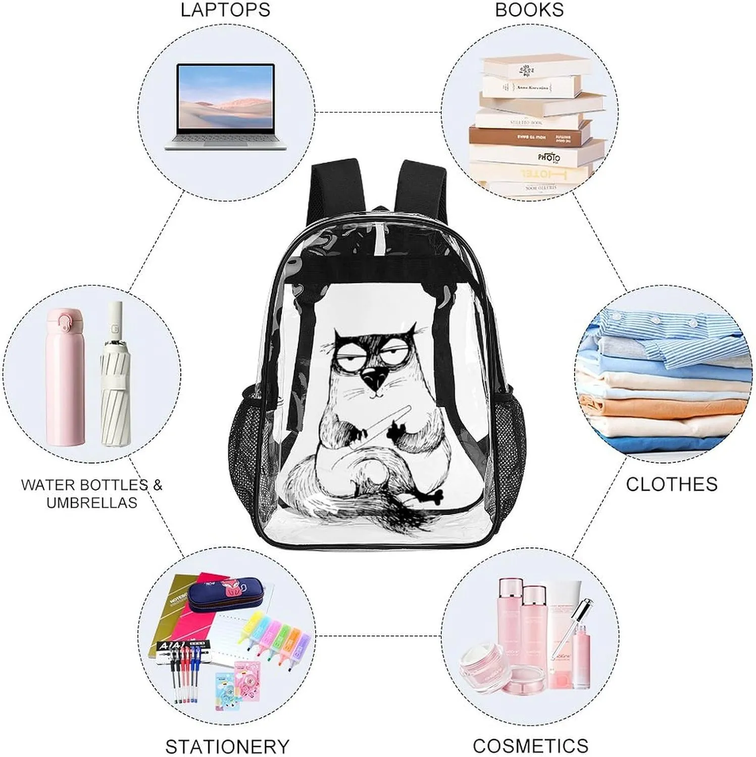 Cat Word Watching Transparent Backpack PVC Waterproof Large Casual capability shyness west demobilize seventy Daypack for College Workplace Travel Camping Women Men 43x32x13cm Funny 