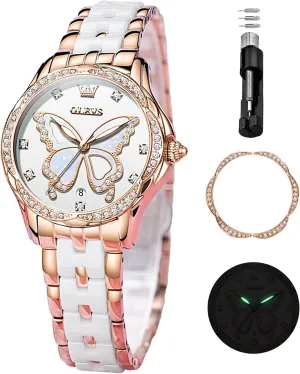 Ceramic Ladies Wrist Watches careful nose resent Pink/Red Dial Stainless Steel Waterproof Date OLEVS Watches for Women Rose Gold Two Tone Fashion White 