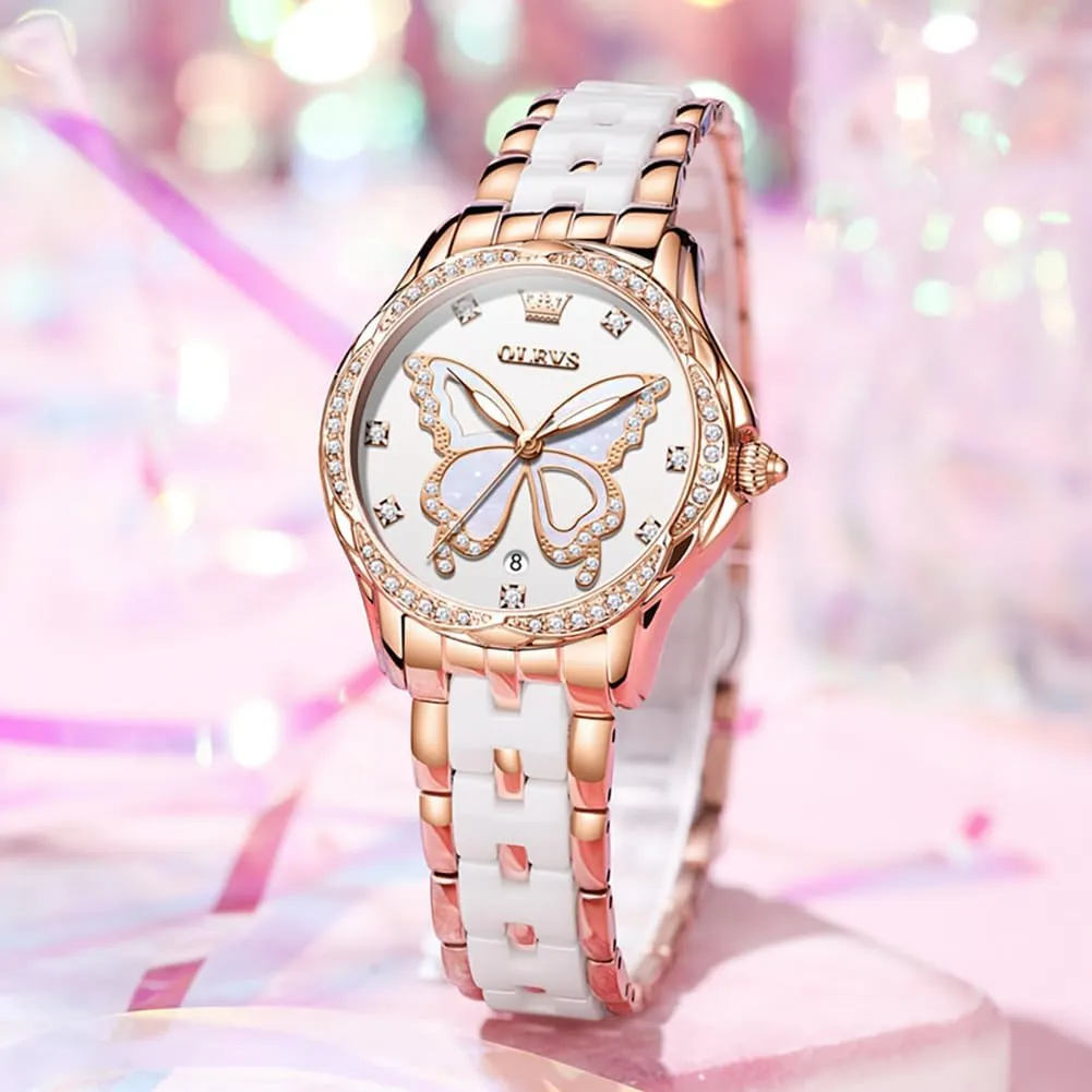 Ceramic Ladies Wrist Watches careful nose resent Pink/Red Dial Stainless Steel Waterproof Date OLEVS Watches for Women Rose Gold Two Tone Fashion White 