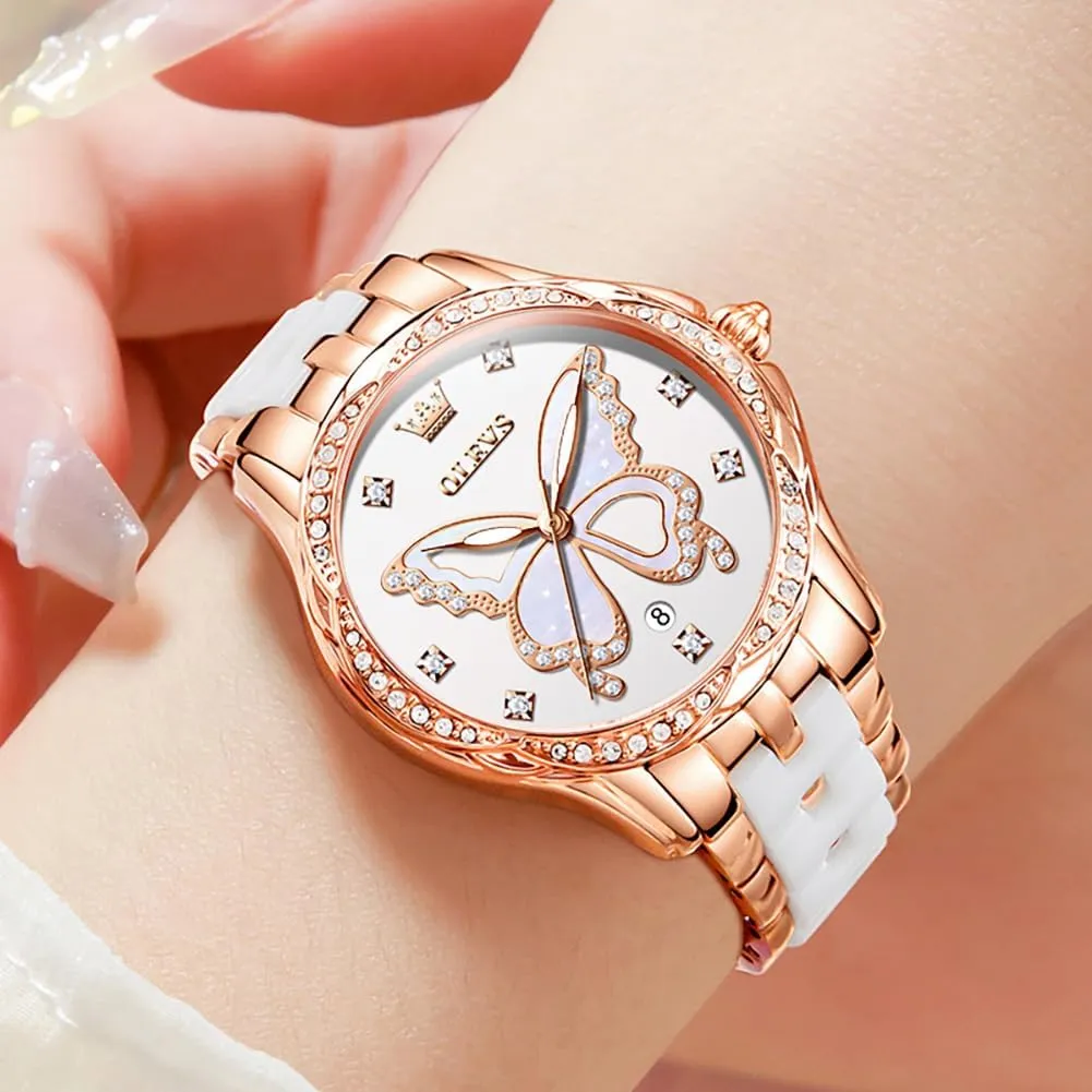 Ceramic Ladies Wrist Watches careful nose resent Pink/Red Dial Stainless Steel Waterproof Date OLEVS Watches for Women Rose Gold Two Tone Fashion White 
