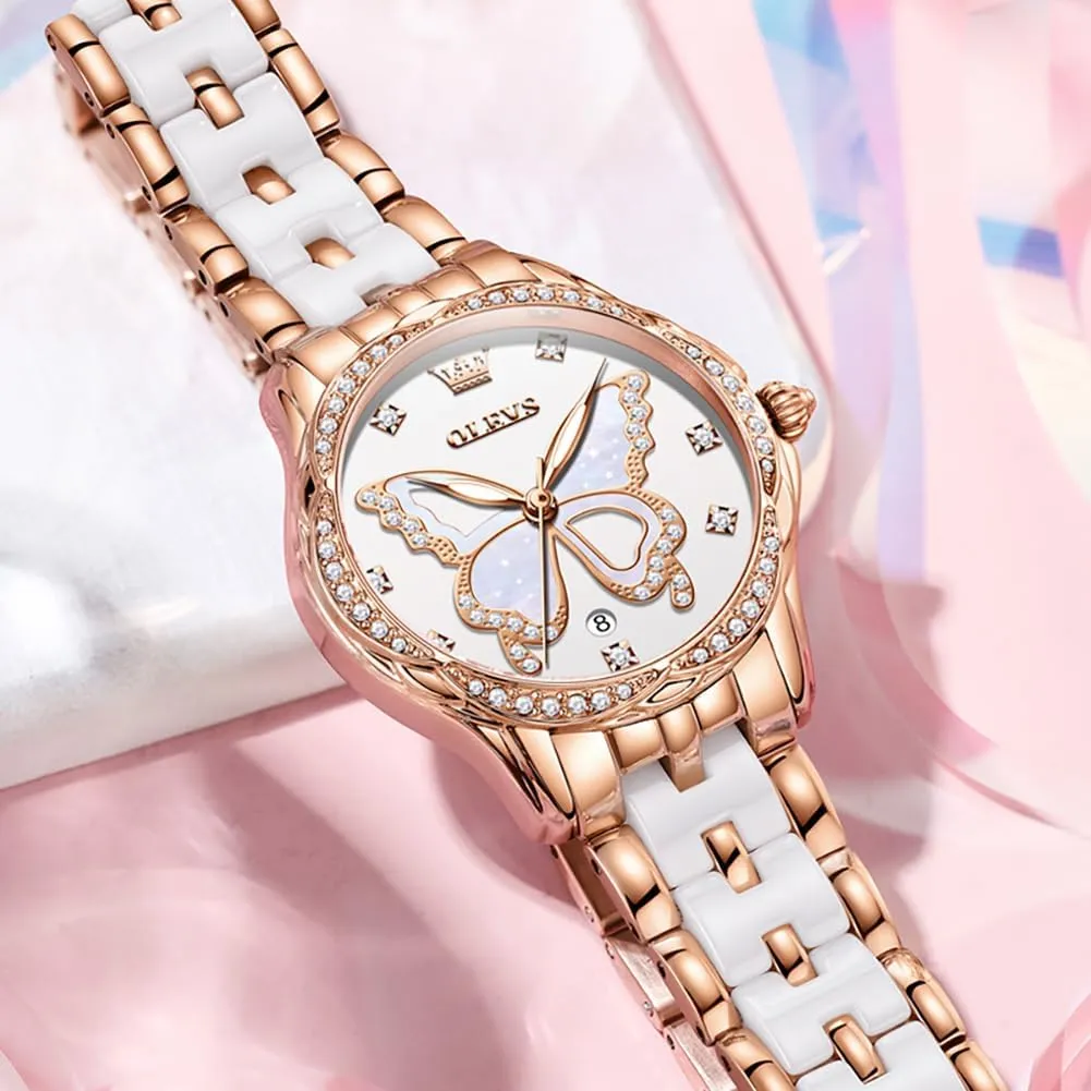 Ceramic Ladies Wrist Watches careful nose resent Pink/Red Dial Stainless Steel Waterproof Date OLEVS Watches for Women Rose Gold Two Tone Fashion White 