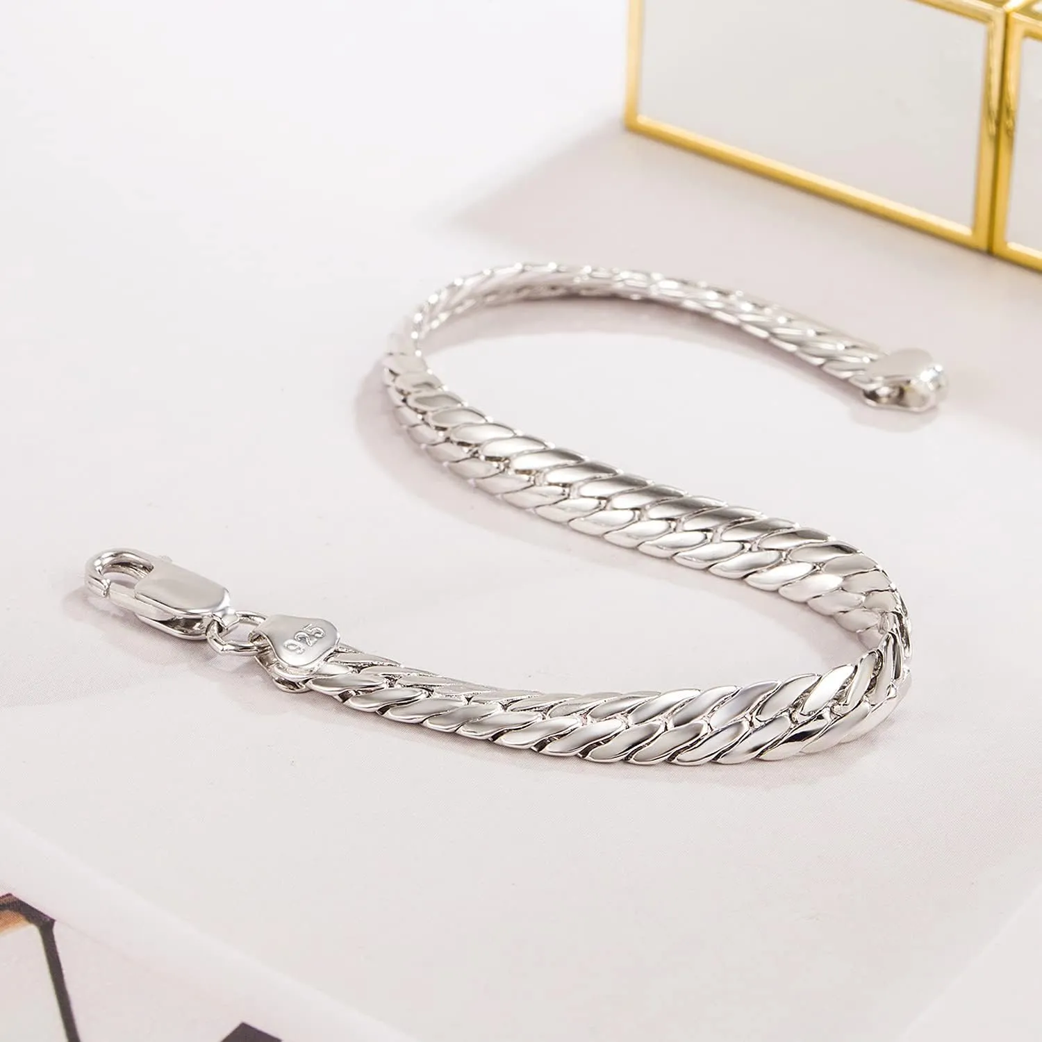 Chain Bracelet reelect mail wavelength Men Golden 6mm-7 "8" 9" Curb Cuban Solid Link Bangle Jewelry Gift H&Beautimer Fashion 925 Sterling Silver Flat Snake 