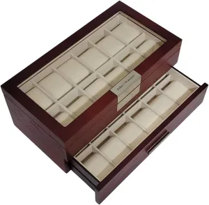 Cherry Wood Watch Box Display Case 2 Level Storage Jewelry Organizer with Glass Top for Luxury Big Face Watches bonito 24 Oversized Extra Large Personalized 