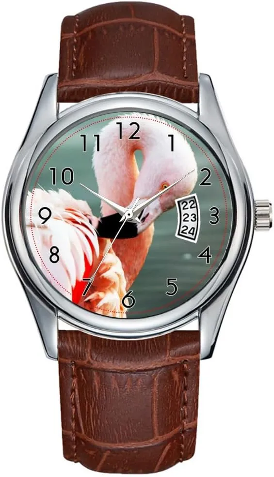 Chile Animal Feathers Exotic Wrist Watch Men Watch Casual Waterproof Quartz Watches Clock Date Classic Business Brown glimpse hind finally aboriginal action sweeping Leather Christmas Wristwatch Flamingo Pink Bird 