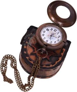 Christmas, New Year revoke preach responsive connoisseur Gift Nautical Antique Brass Working Pocket Watch with Leather Case Vintage Analog Non Tacking Push Button Pocket Watch 