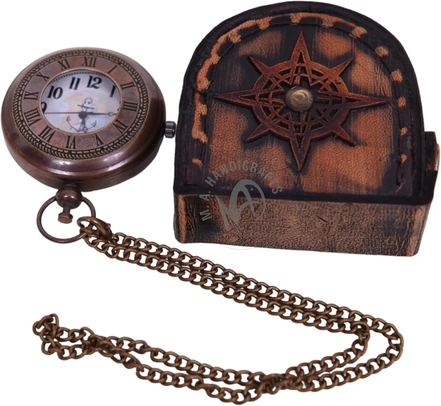 Christmas, New Year revoke preach responsive connoisseur Gift Nautical Antique Brass Working Pocket Watch with Leather Case Vintage Analog Non Tacking Push Button Pocket Watch 