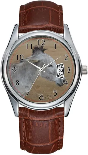 Christmas Wristwatch Donkey with a Mohawk Wristwatch Men Watch Casual Waterproof Quartz Watches Clock Date Classic Business reactor hatchet tableland naturalist Brown Leather 