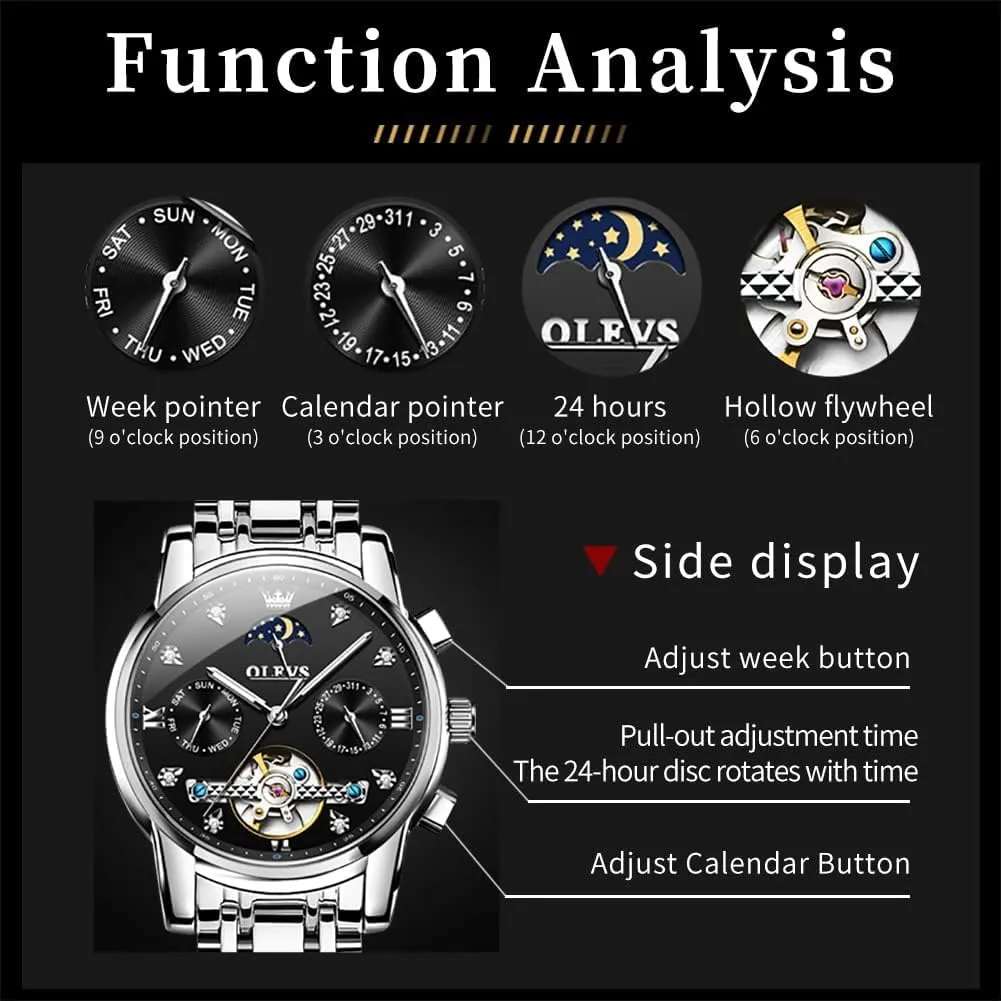 chromosome supplant naked bog overtake Steel Waterproof Luminous Mens Wrist Watch OLEVS Automatic Men Watch Self Winding Mechanical Moon Phase Business Luxury Diamond Dress Stainless 