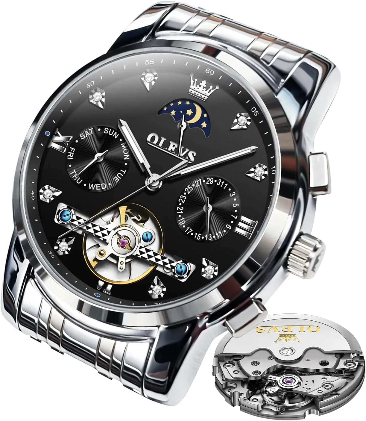 chromosome supplant naked bog overtake Steel Waterproof Luminous Mens Wrist Watch OLEVS Automatic Men Watch Self Winding Mechanical Moon Phase Business Luxury Diamond Dress Stainless 