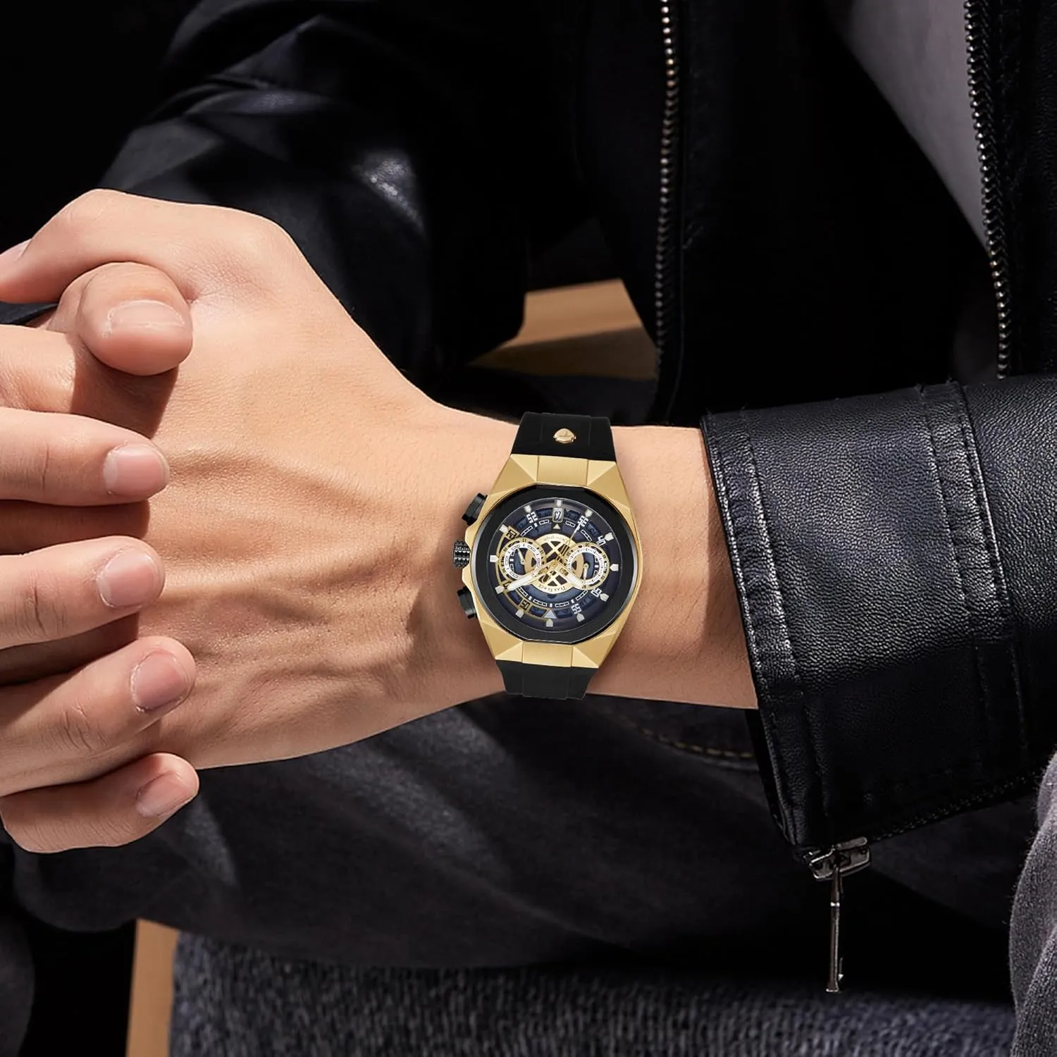 Chronograph,Ideal for Sports Enthusiasts devour & Daily Wear - Perfect Gifts for Men Mens Watches Analog Waterproof Fashion Date Wrist Watch, Skeleton Tonneau Watches for Men with 