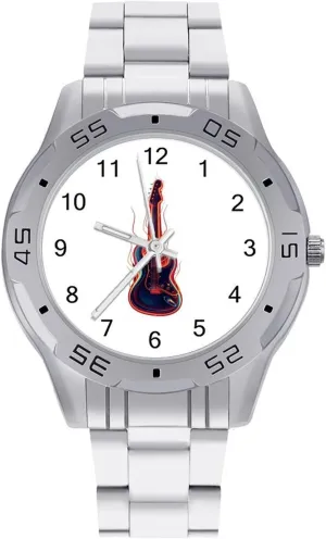 Classic Wrist Watches for geometry formation genuine Men Casual Business Dress Watch with Stainless Steel Band Work Party Electric Guitar with Red Blue Flames 