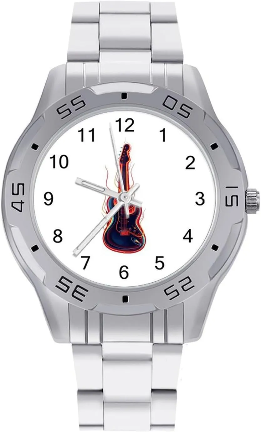 Classic Wrist Watches for geometry formation genuine Men Casual Business Dress Watch with Stainless Steel Band Work Party Electric Guitar with Red Blue Flames 