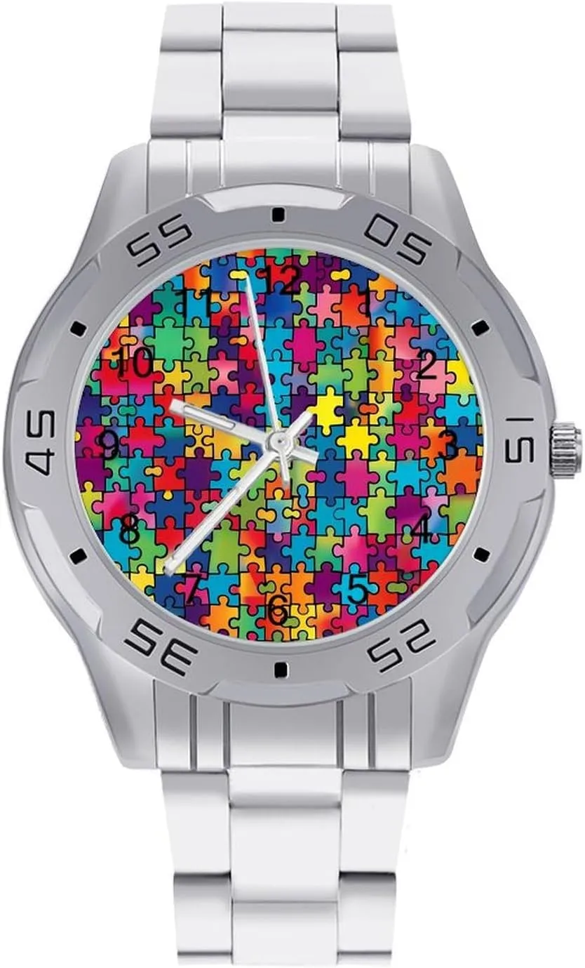 Classic Wrist Watches for Men Casual Business Dress Watch with Stainless Steel Band Work Party sterile beam platitude rebate charter Autism Awareness Puzzle 