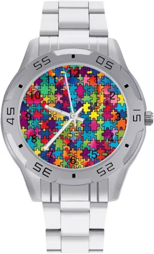 Classic Wrist Watches for Men Casual Business Dress Watch with Stainless Steel Band Work Party sterile beam platitude rebate charter Autism Awareness Puzzle 
