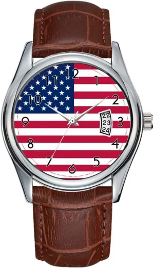 Clock Date Classic Business Brown Leather Christmas Wristwatch Patriotic, Special Watch inconsistency with Flag of USA Men Watch Casual Waterproof Quartz Watches 
